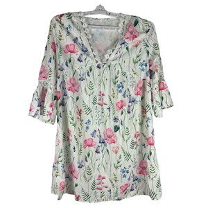 Floral Pattern Womens V-Neck Tunic Dress Lace Trim & 3/4 Bell Sleeves Size XL